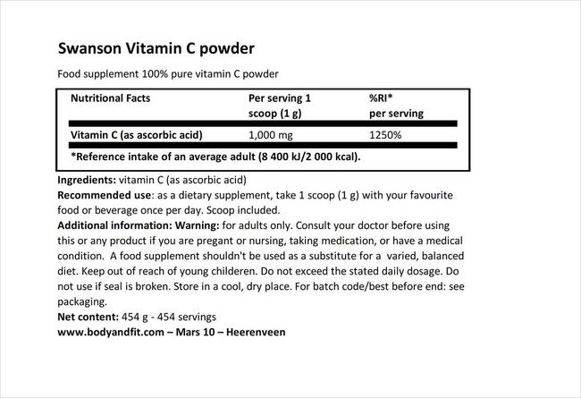 100% Vitamine C Pure en poudre Nutritional Information 1