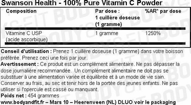 100% Vitamine C Pure en poudre Nutritional Information 1
