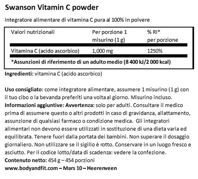 Polvere di Pura Vitamina C 100% Nutritional Information 1