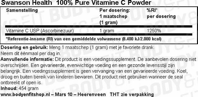 100% Vitamine C Pure en poudre Nutritional Information 1