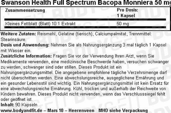 Full Spectrum Bacopa Monniera 50 mg Nutritional Information 1