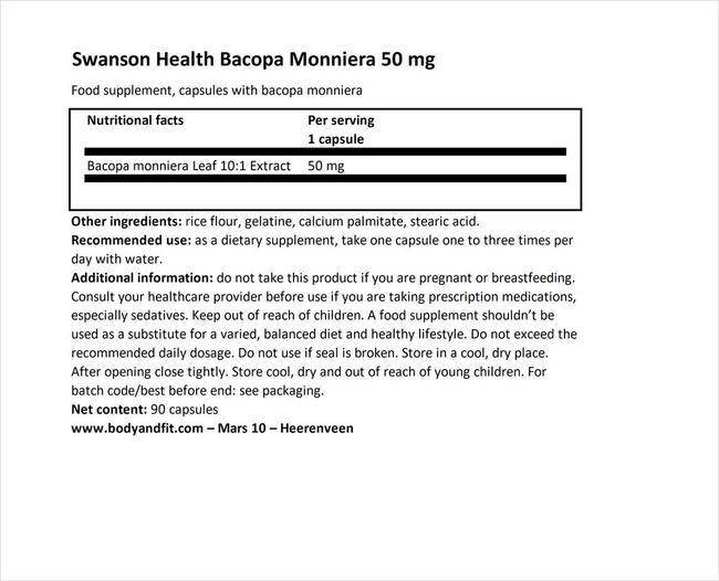 フルスペクトラム バコパモニエラ 50mg Nutritional Information 1