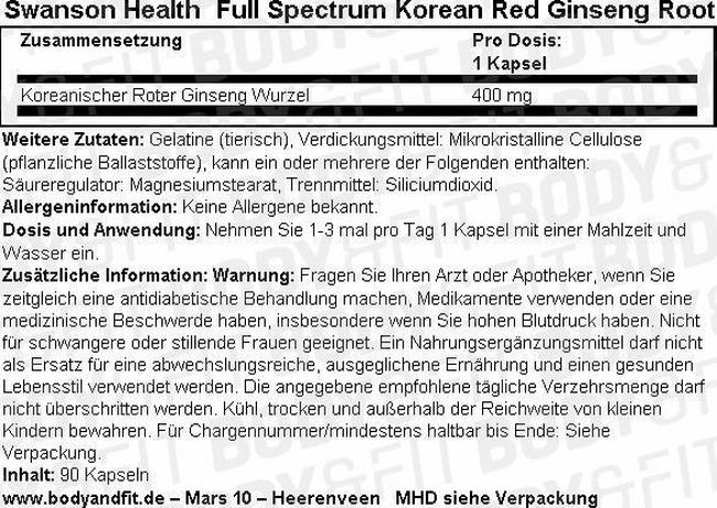 Full Spectrum Korean Red Ginseng 400 mg Nutritional Information 1
