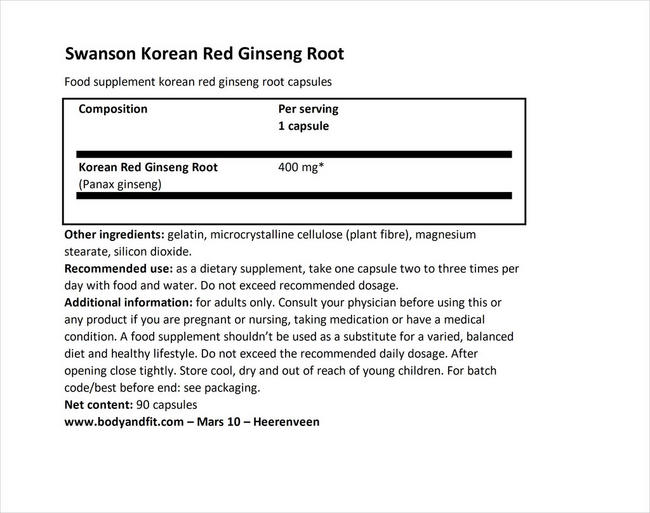 Full Spectrum Korean Red Ginseng 400mg Nutritional Information 1