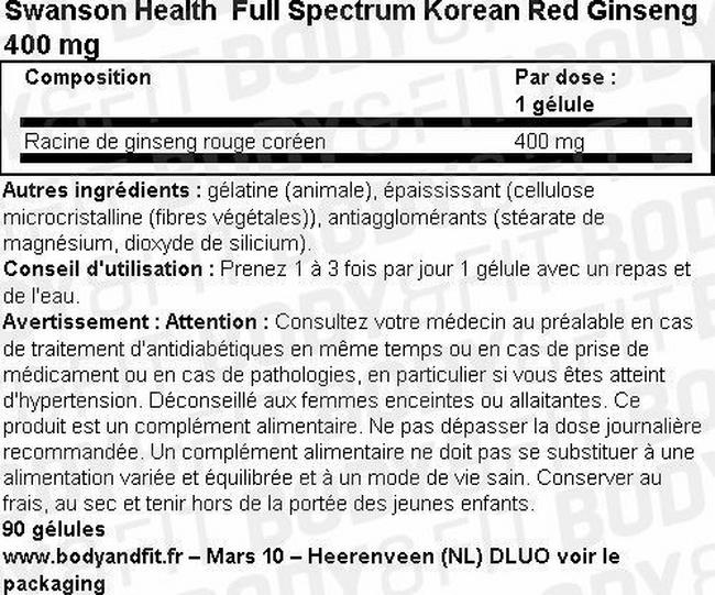 Ginseng rouge coréen Full Spectrum Korean Red Ginseng 400 mg Nutritional Information 1