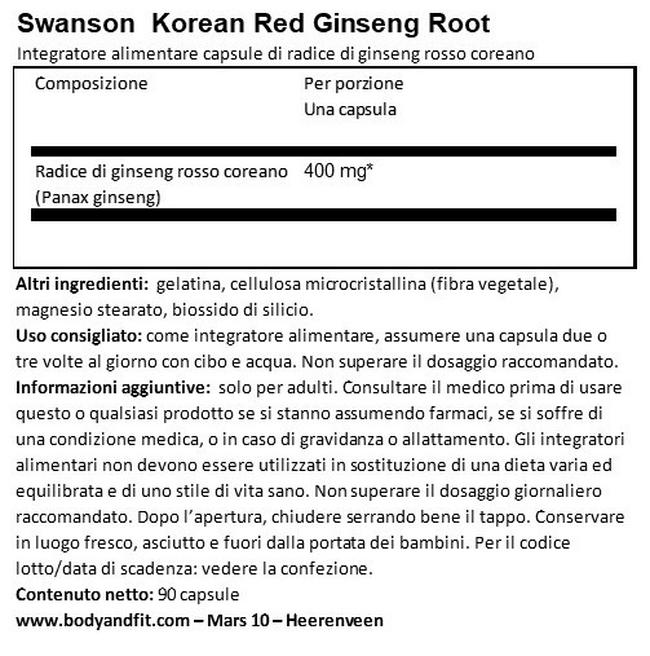 Full Spectrum Ginseng Rosso Coreano 400 mg Nutritional Information 1