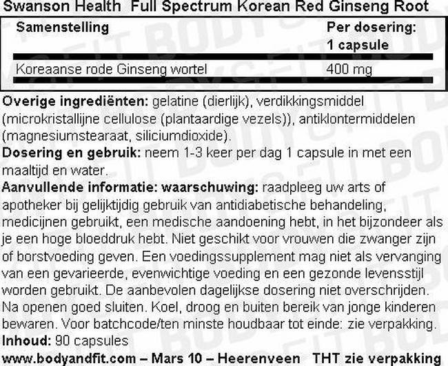Full Spectrum Korean Red Ginseng 400mg Nutritional Information 1