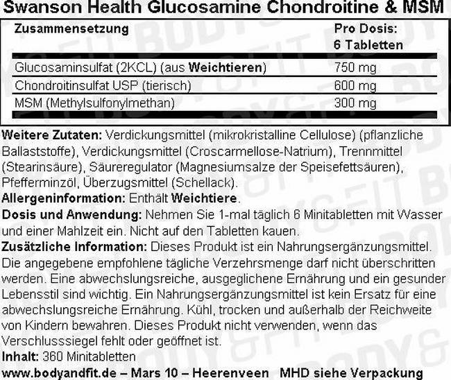 Glucosamine, Chondroitine & MSM Mini-Tabs Nutritional Information 1