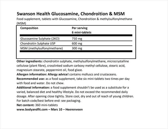 グルコサミン、コンドロイチン＆MSMミニタブレット Nutritional Information 1