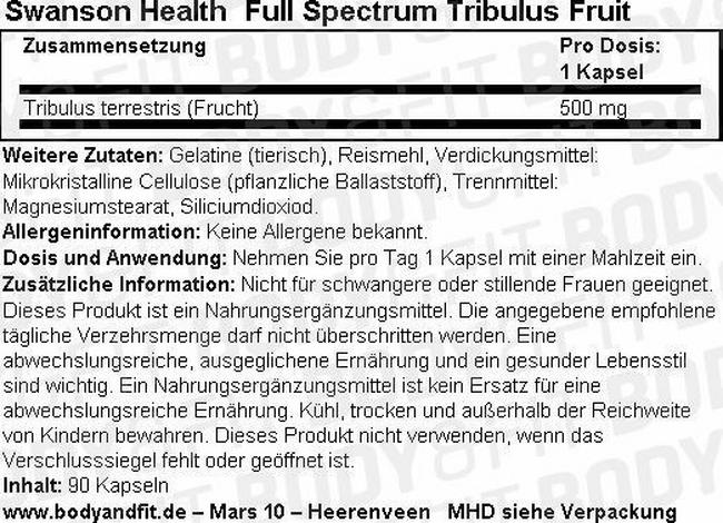 Full Spectrum Tribulus Fruit 500 mg Nutritional Information 1