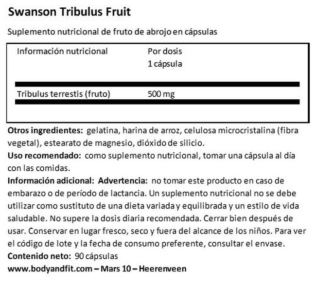 Full Spectrum Tribulus Fruit 500mg Nutritional Information 1
