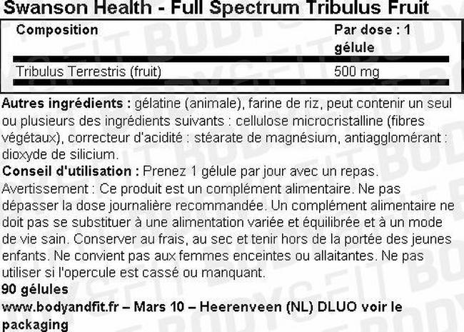 Full Spectrum Tribulus Fruit 500mg Nutritional Information 1