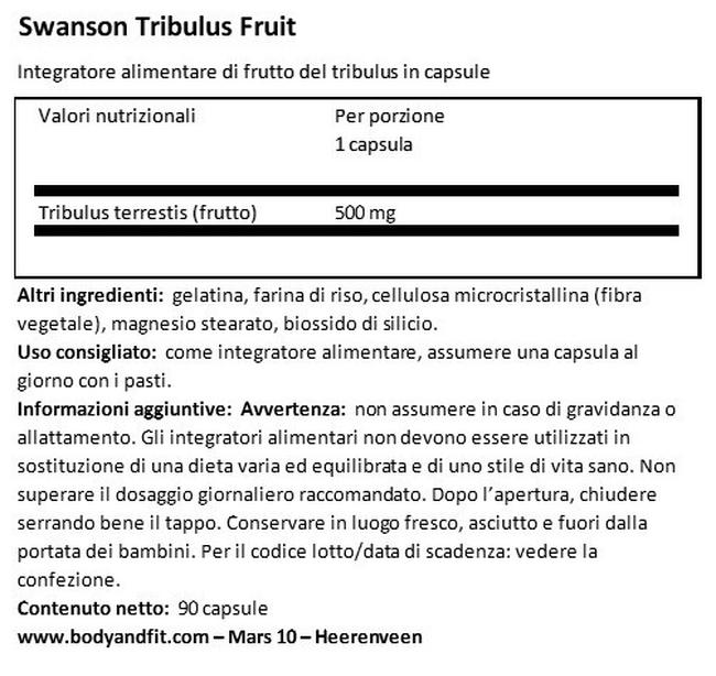 Full Spectrum Tribulus Terrestris 500 mg Nutritional Information 1