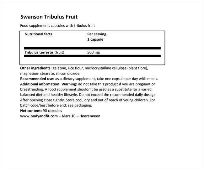 フルスペクトラム トリビュラスフルーツ500mg Nutritional Information 1