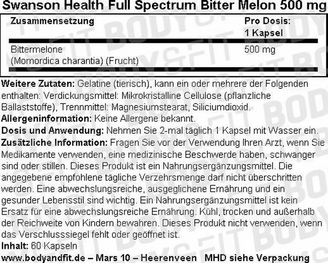 Full Spectrum Bitter Melon 500mg Nutritional Information 1