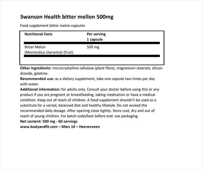 フルスペクトラム ビターメロン 500mg Nutritional Information 1