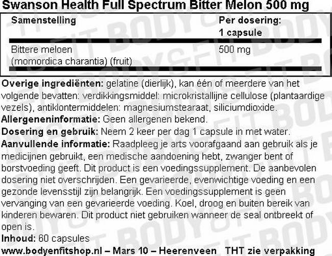 Full Spectrum Bitter Melon 500mg Nutritional Information 1