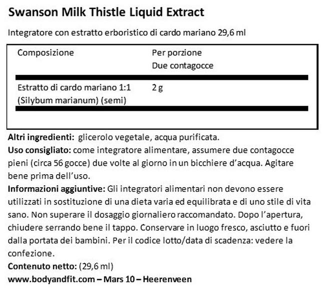 Estratto liquido di Cardo Mariano Nutritional Information 1