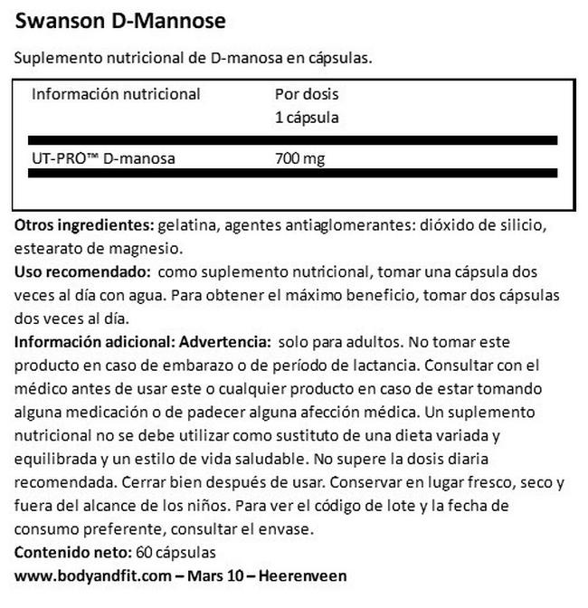 D-Mannose 700 mg Nutritional Information 1
