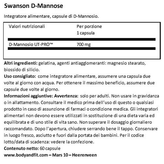 D-mannosio 700 mg Nutritional Information 1