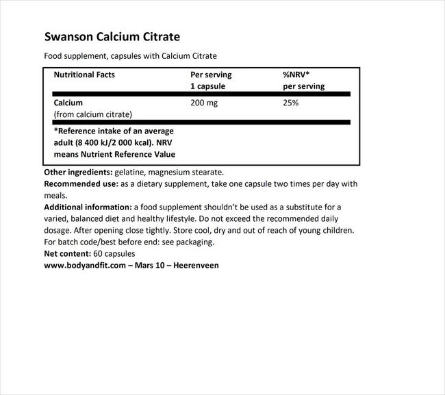Calcium Citrate 200mg Nutritional Information 1