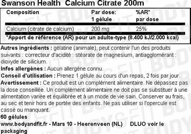 Gélules Calcium Citrate 200 mg Nutritional Information 1