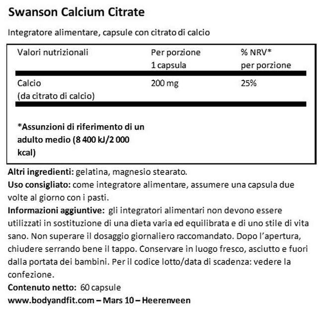 Calcio Citrato 200 mg Nutritional Information 1