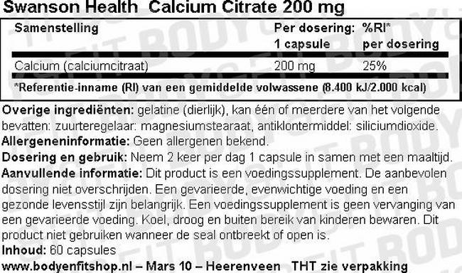 Calcium Citrate 200mg Nutritional Information 1