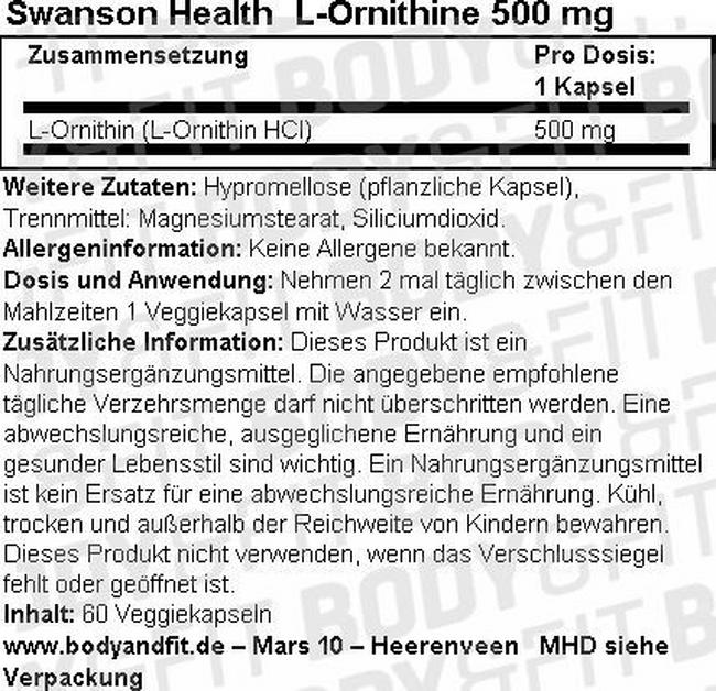 L-Ornithine 500mg Nutritional Information 1