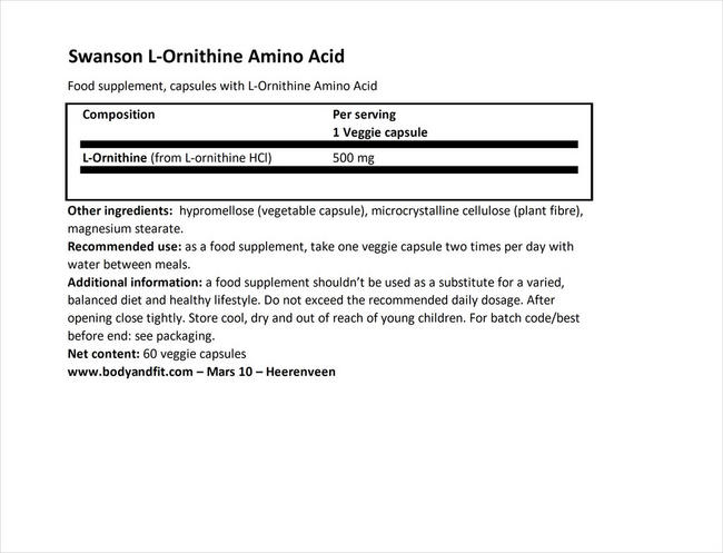 L-Ornithine 500mg Nutritional Information 1