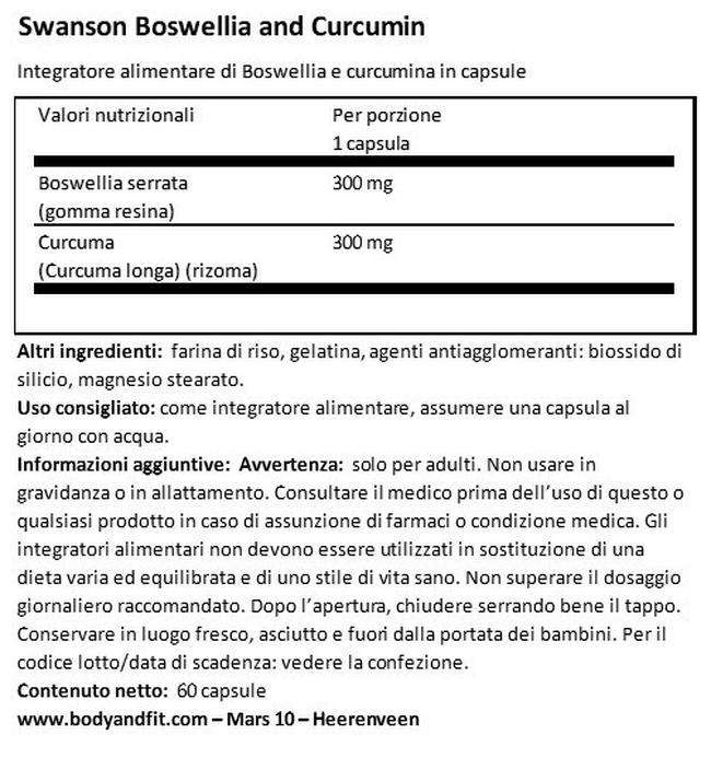 Boswellia & Curcumina Full Spectrum Nutritional Information 1