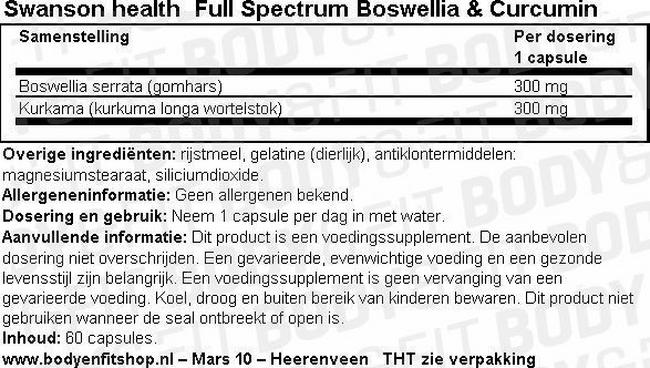 Full Spectrum Boswellia & Curcumin Nutritional Information 1