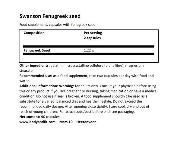 Fenugreek Seed 610mg Nutritional Information 1