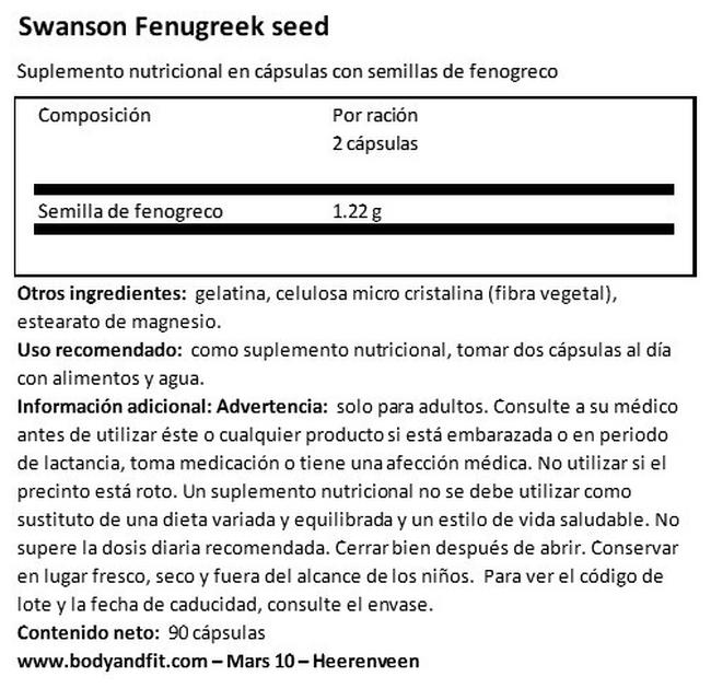 Extracto de Semilla de Fenogreco Nutritional Information 1