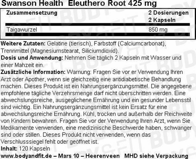 Eleuthero Root 425 mg Nutritional Information 1
