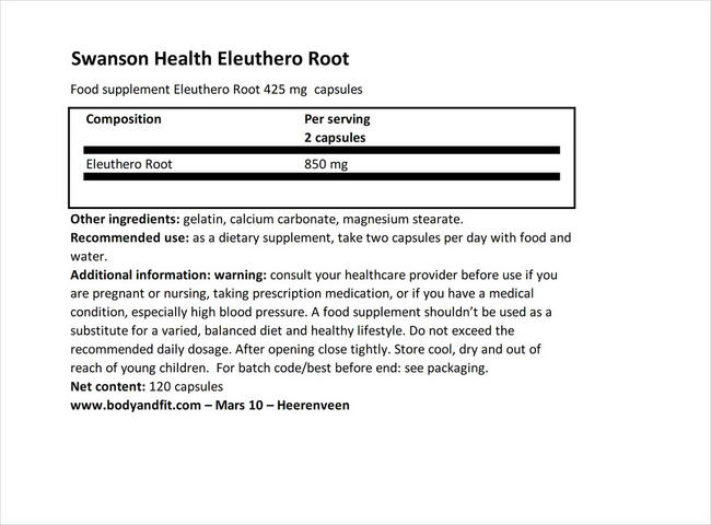 Eleuthero Root 425mg Nutritional Information 1