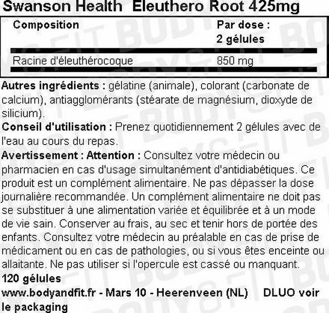 Eleuthero Root 425mg Nutritional Information 1