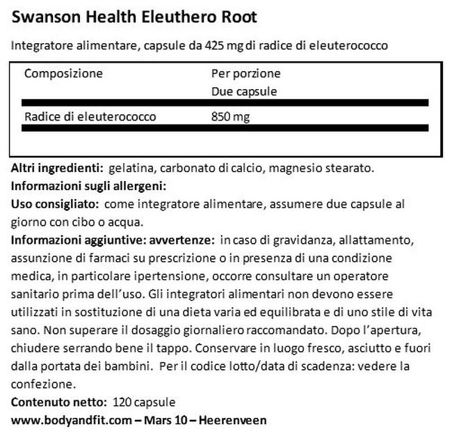 Radice di Eleuterococco Nutritional Information 1