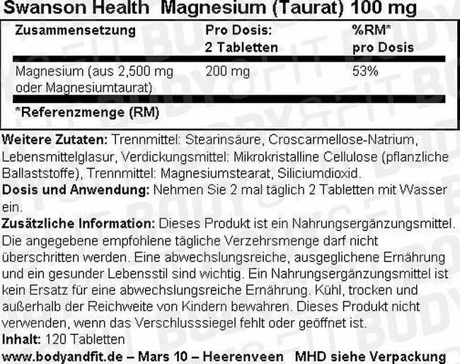 Magnesium (Taurate) 100 mg Nutritional Information 1