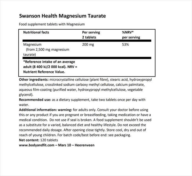 Magnesium (Taurate) 100mg Nutritional Information 1