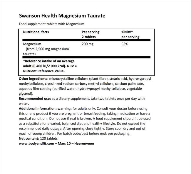 Magnesium (Taurate) 100mg Nutritional Information 1