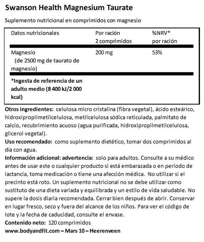 Magnesium (Taurate) 100 mg Nutritional Information 1
