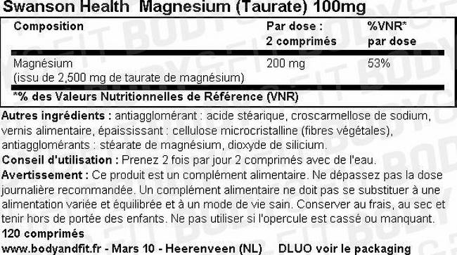 Magnesium (Taurate) 100mg Nutritional Information 1