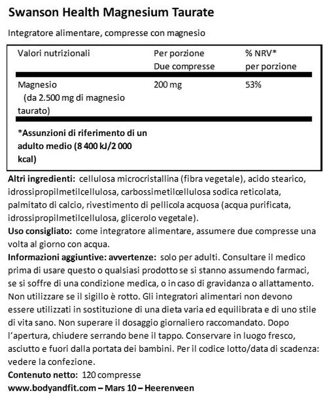 Taurato di Magnesio 100 mg Nutritional Information 1