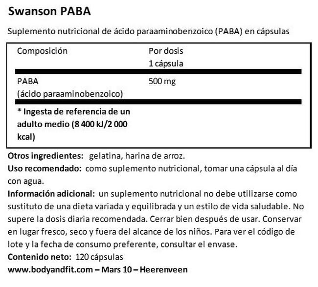 PABA 500 mg Nutritional Information 1