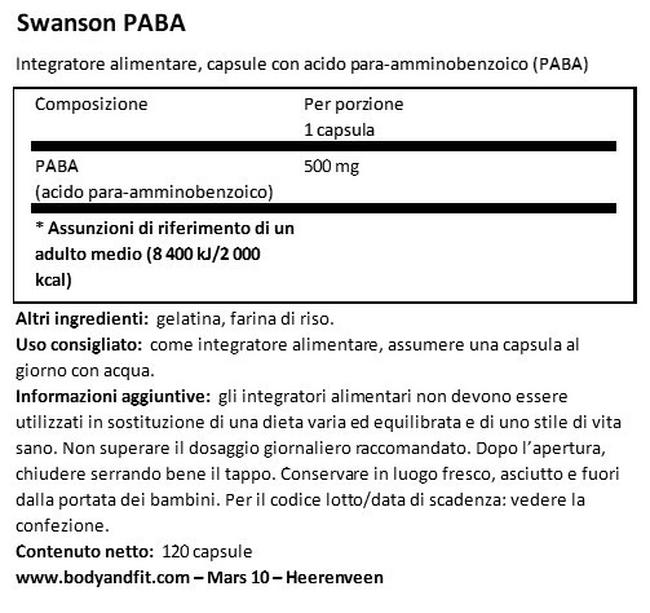 PABA 500 mg Nutritional Information 1
