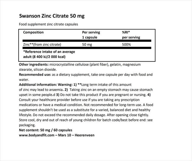 Zinc Citrate (50mg Elemental) Nutritional Information 1