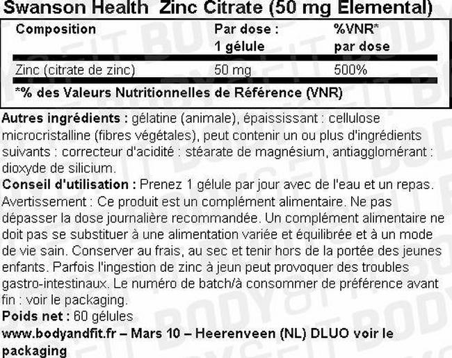 Gélules Zinc Citrate (50mg Elemental) Nutritional Information 1
