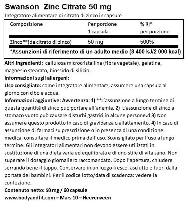 Zinco Citrato 500 mg Elemental Nutritional Information 1