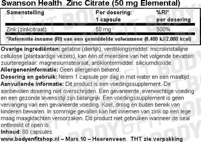 Gélules Zinc Citrate (50mg Elemental) Nutritional Information 1